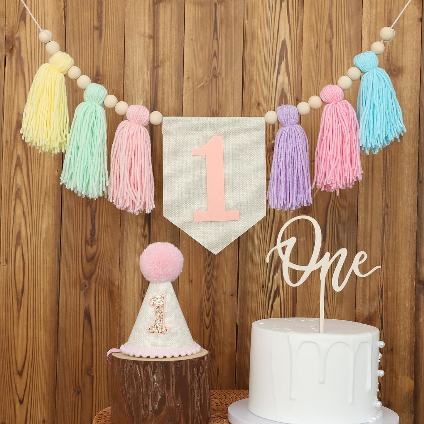 1st Handmade Boho Macaron Theme Birthday High Chair Banner for Baby Girls with Pink First Birthday Cone Hat and One