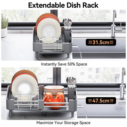 Urackify Stainless Steel Dish Drying Rack - Dish Drainer for Kitchen Counter, Extendable Drainboard with Foldable, Space-Saving Cup & Bowl Organizer, Includes Knife and Utensil Holder, Gray
