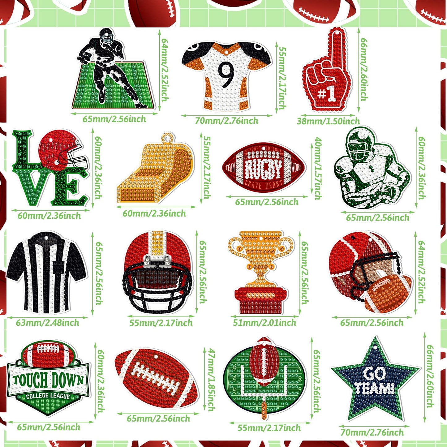 Yinkin 15 Pcs Football Diamond Art Keychains 5d Diamond Painting Keychain Football Party Decoration DIY Ornaments Pendant Kits for Adult