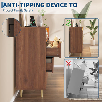 Garvee 53.9" Wide Luxury 6 Drawers Dresser with LED Lights & Charging Station, Curved Fluted Wood Chest of Drawers with Gold Handles, Modern Storage Cabinet for Bedroom Living Room, Walnut