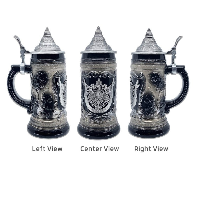 OktoberfestHaus German Adler (Eagle) Stein Mug With Lid - 1 Liter Charcoal Black Ceramic Beer Stein With Metal Emblem - Collectible Bier Krug for Men, Beer Lovers Gift