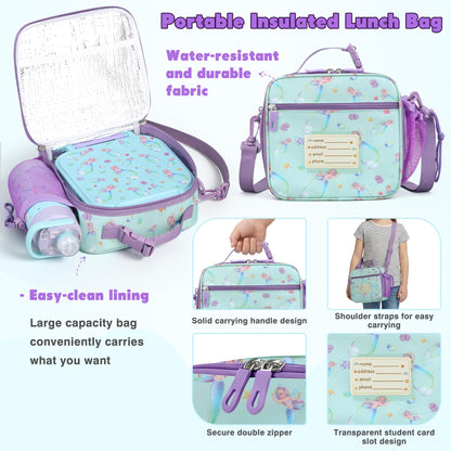 Bento Lunch Box for Kids with 7oz Soup Thermo,Insulated Stainless Steel Kids Water Bottle with Straw and Insulated Lunch Bag,Leak-Proof Lunch Food Container with Ice Pack for School(Purple-Mermaid)