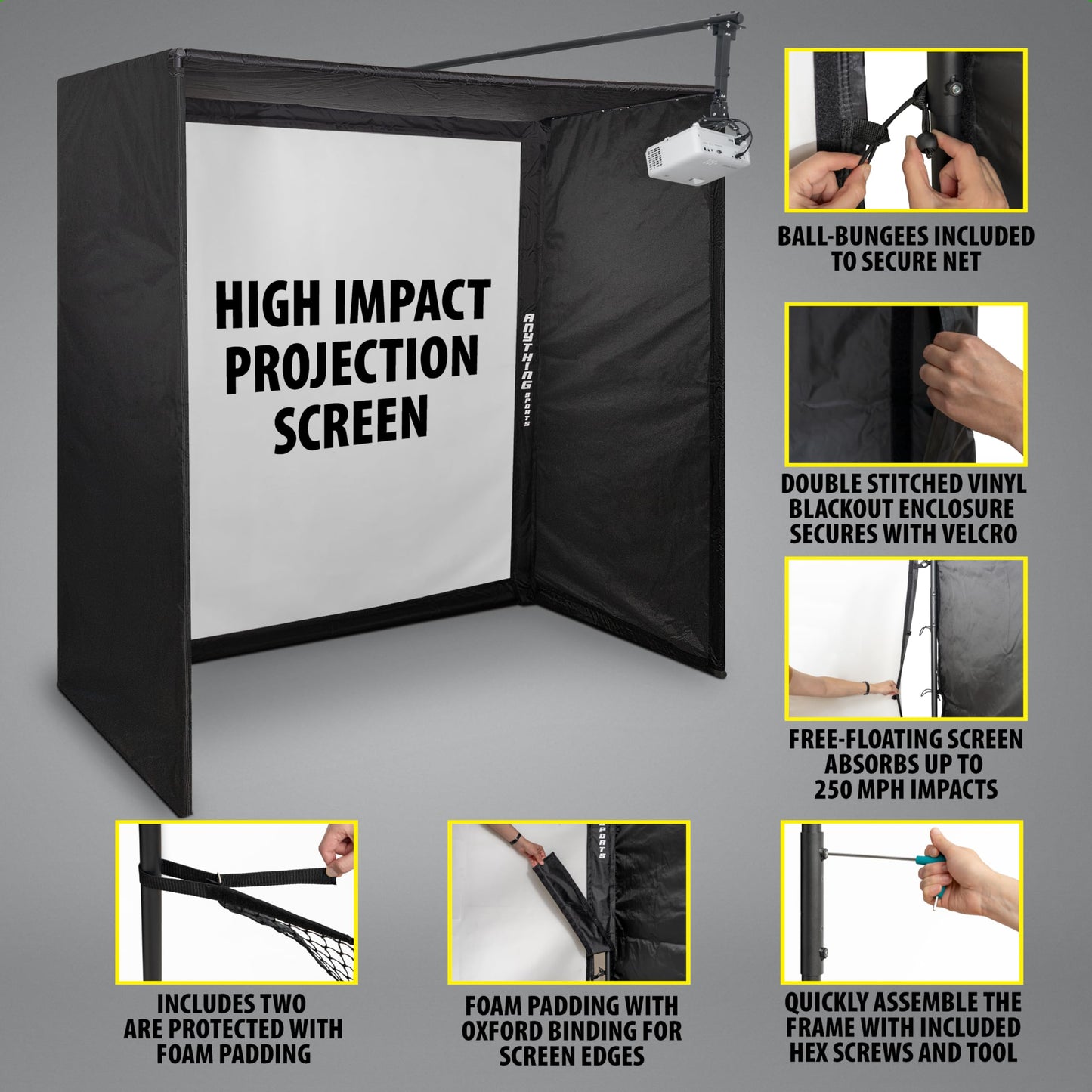 Complete Golf Simulator Enclosure Package – 4K-Ready Impact Screen with Blackout Cage, Projector Mount, Frame Poles, Side Shank Nets | Indoor & Garage Practice | Easy Setup | 12-Month Warranty