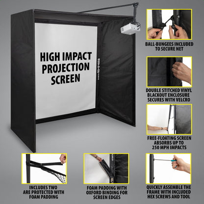 Complete Golf Simulator Enclosure Package – 4K-Ready Impact Screen with Blackout Cage, Projector Mount, Frame Poles, Side Shank Nets | Indoor & Garage Practice | Easy Setup | 12-Month Warranty