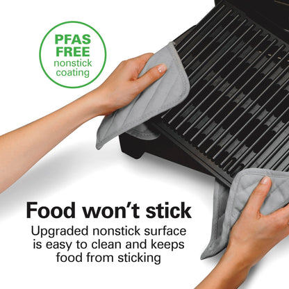 Hamilton Beach Electric Indoor Searing Grill with Adjustable Temperature Control to 450F, 118 sq. in. Surface Serves 6, PFAS-Free Removable Nonstick Grate, Stainless Steel (25360)