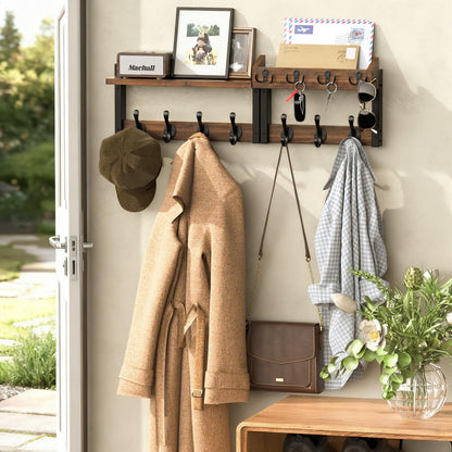 29'' Rustic Coat Rack Wall Mount with Shelf, Solid Wood Coat and Key Hanger with 11 Metal Hooks, Farmhouse Wall Organizer for Mail, Entryway Wall Hangers for Hats, Clothes, Backpacks, Mudroom