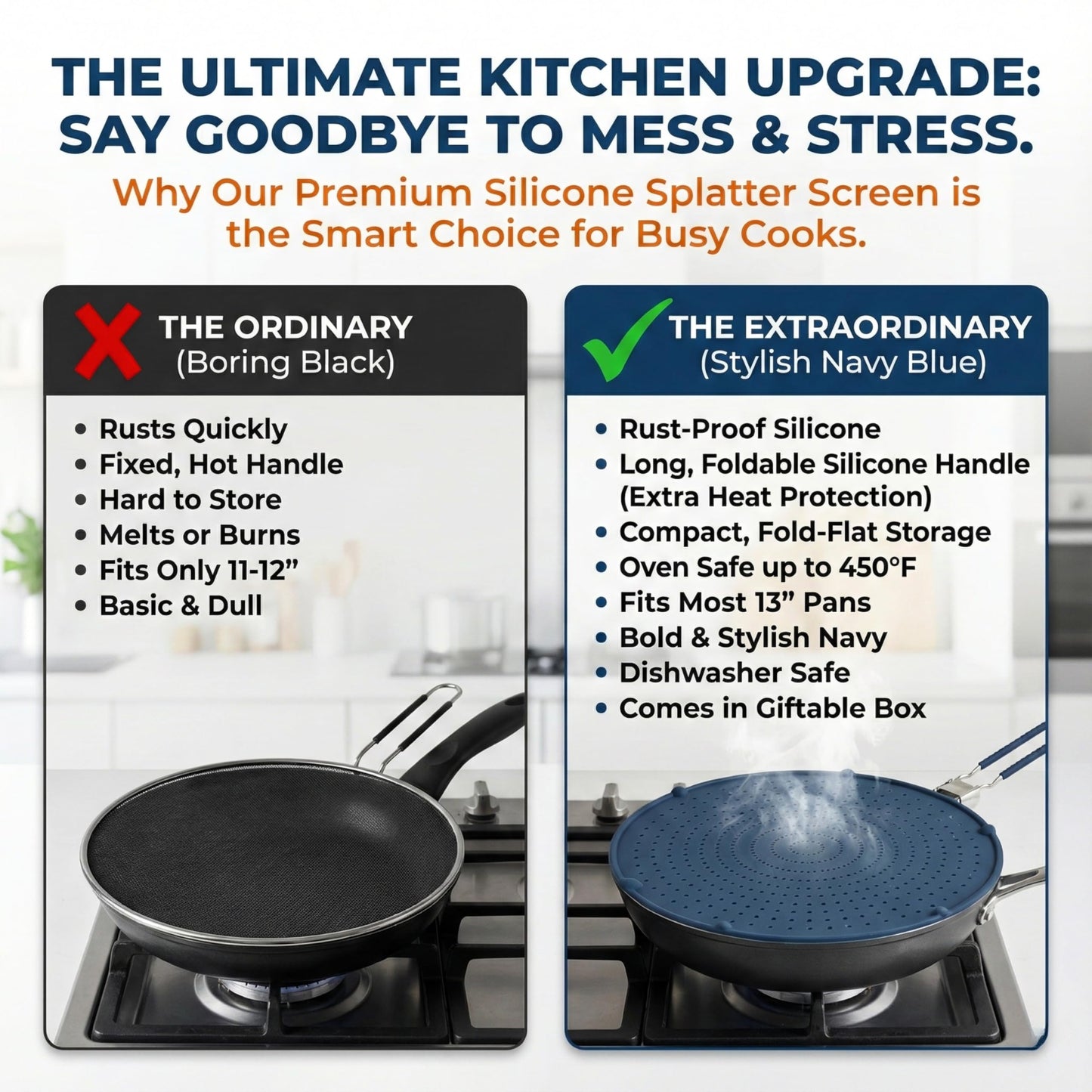 Silicone Splatter Screen for Frying Pan, 13” Navy – Grease & Oil Splatter Guard, Heat Resistant, Dishwasher Safe, Foldable Handle with Sleeves – Splash Guard Fits 10–12” Pans, Most 13” Skillets