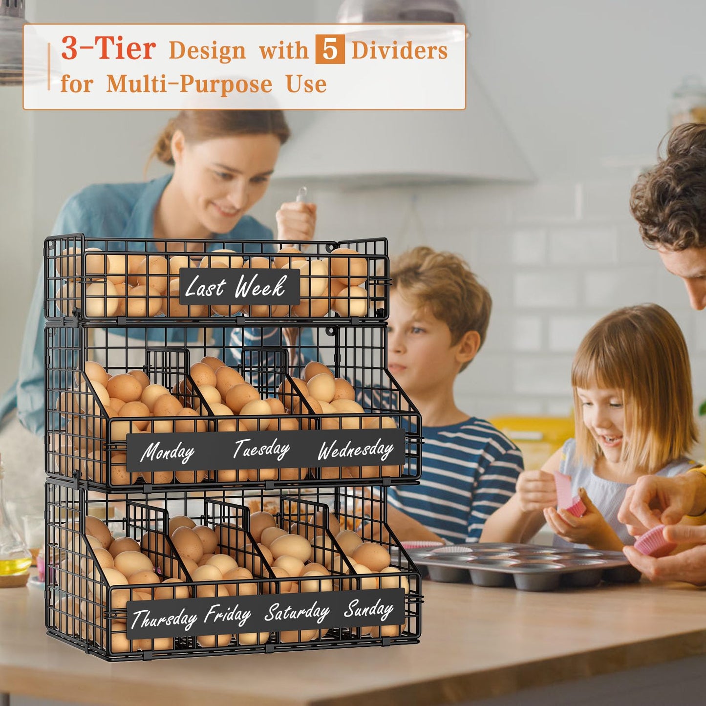keomaisyto Egg Holder Countertop with 5 Dividers & DIY Nameplate to Separate Eggs, 3 Tier Stackable Wire Storage Baskets for Gathering Fresh Eggs, XXL Large Egg Rack, Wall-Mounted (Patent Pending)