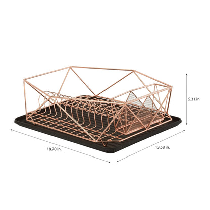 Kitchen Details Geode Deluxe Dish Drying Rack with Drain Board | Cutlery Basket | Utensil Holder | Iron Frame | Copper