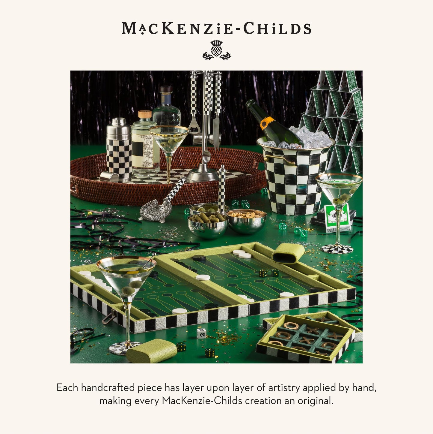 MACKENZIE-CHILDS 3260 Bar-Tool Set, 5-Piece Set with Stainless-Steel Jigger, Strainer, Bottle Opener, Mixing Spoon, Knife, and Stand, Black-and-White Courtly Check