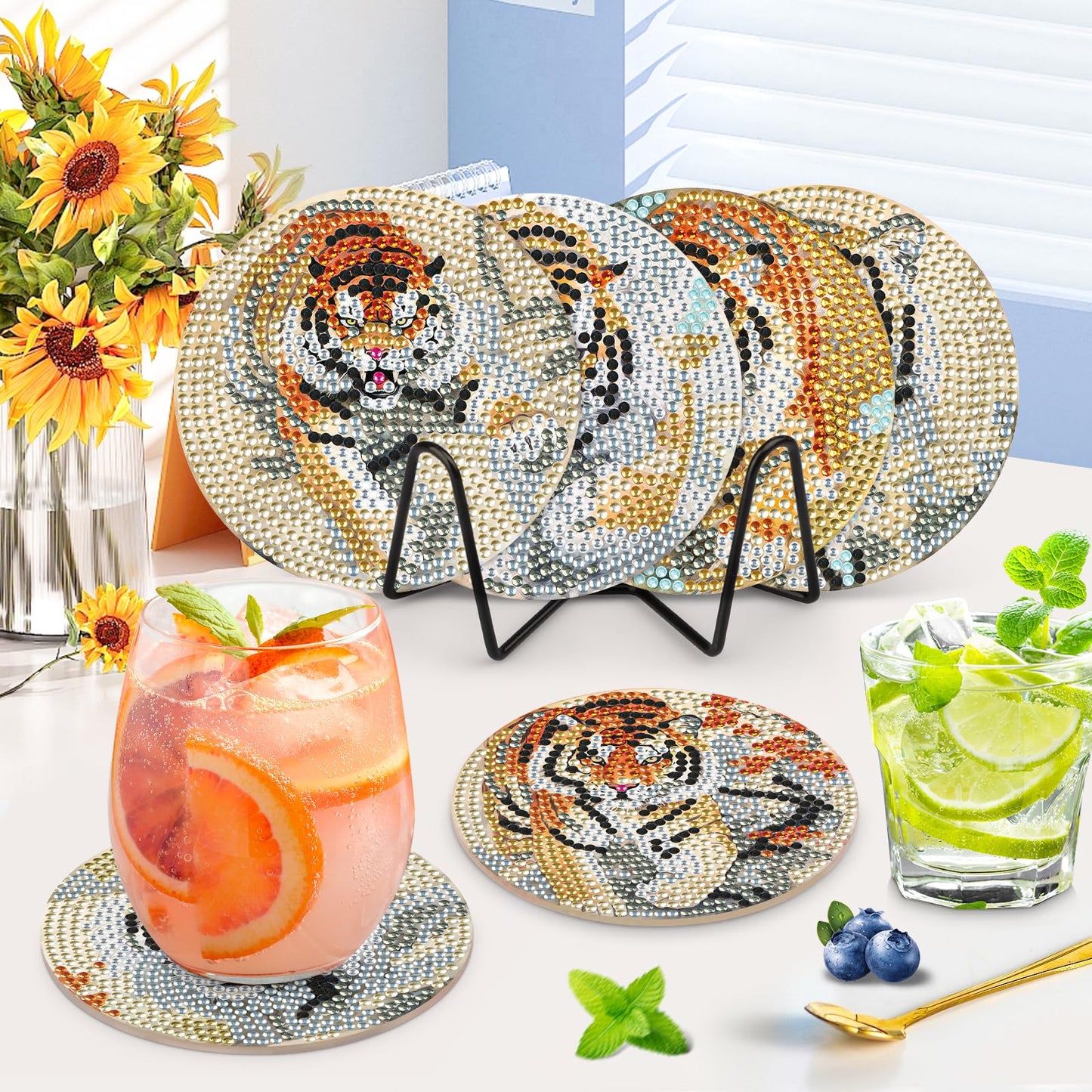 GHHKUD 6pcs Tiger Diamond Painting Coasters, DIY Life Coasters Animals Diamond Art Kits for Adults Kids, Full Drill 5D with Holder Cork Pad for Home