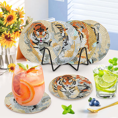 GHHKUD 6pcs Tiger Diamond Painting Coasters, DIY Life Coasters Animals Diamond Art Kits for Adults Kids, Full Drill 5D with Holder Cork Pad for Home