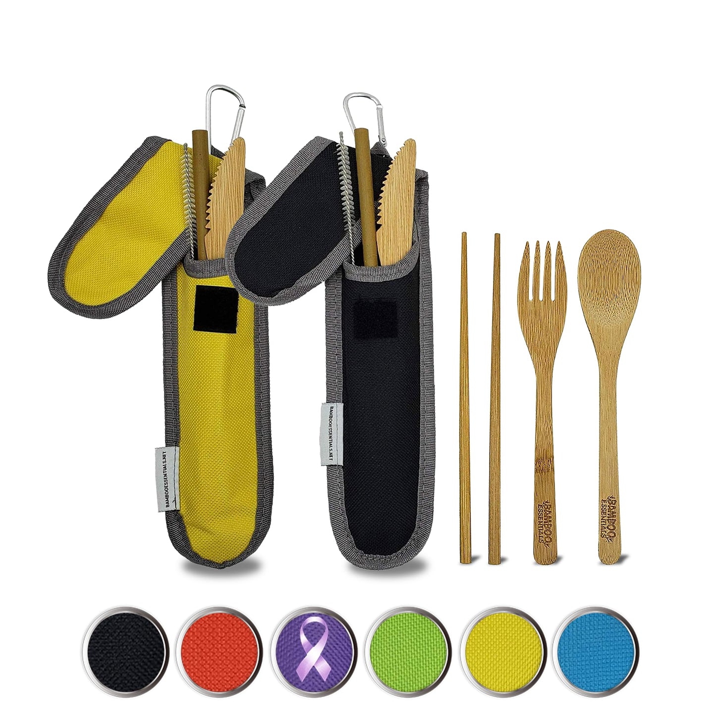 Travel Utensils with Case Set Fork, Knife, Spoon, Chopsticks, Straw, Straw-cleaning brush, Travel Pouch and Carabiner, Excellent For Everyday Use! ((2 Sets) Midnight Black/Sunrise Yellow)