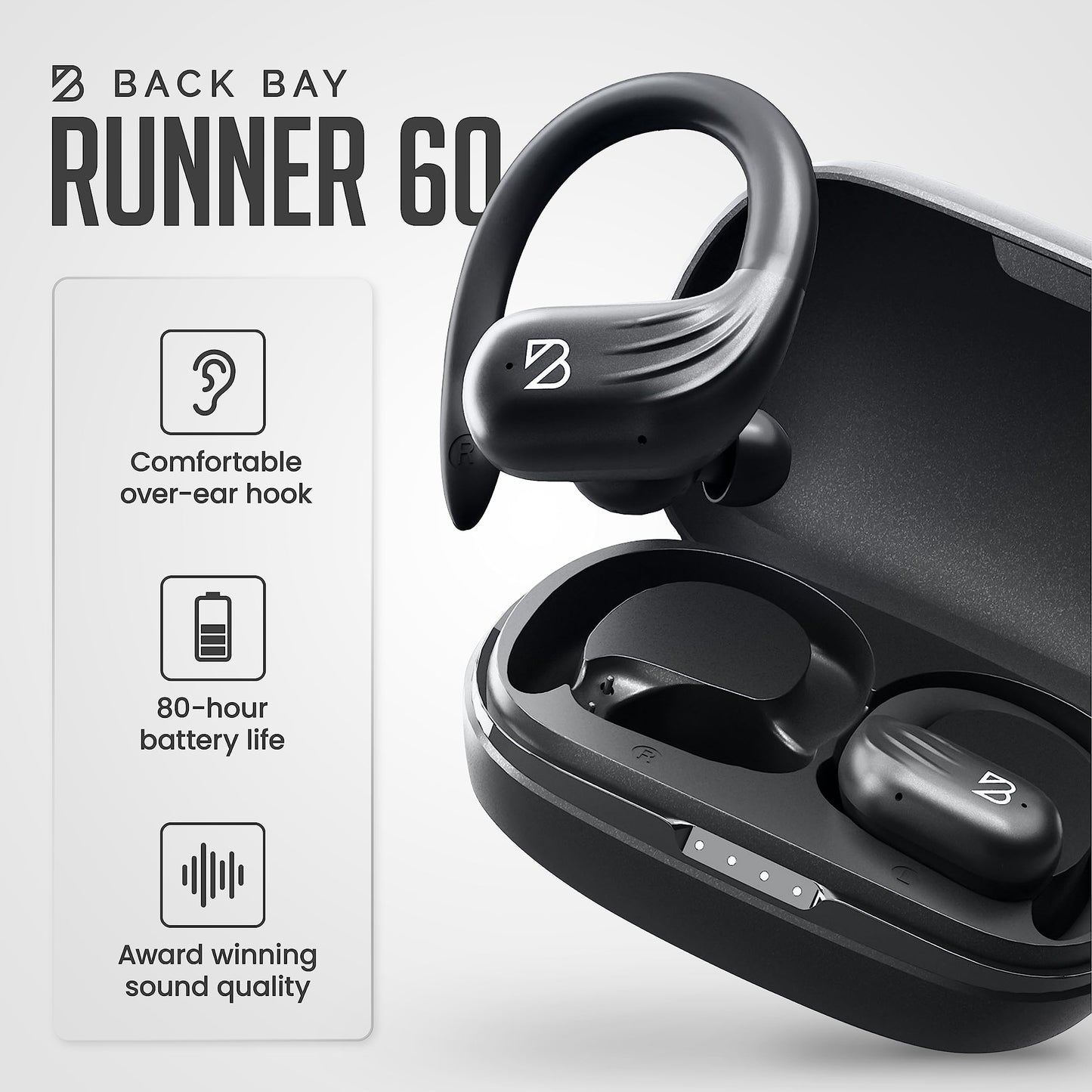 Back Bay Audio Runner 60 Wireless Running Earbuds, 80 Hour Long Battery Life Over The Ear Earbuds with EarHooks, Wrap Around Earphones Wireless Bluetooth Earphones with Microphone, in Ear Headphones