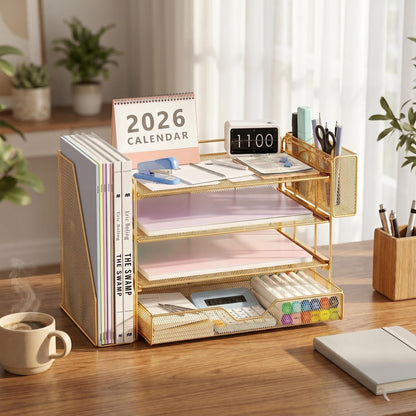 OPNICE Desk Organizers and Accessories, 4-Tier Office Desk Accessories & Workspace Organizers with Drawer and Pen Holder, Desktop Paper Tray File Organizer for Home Office Supplies, Gold