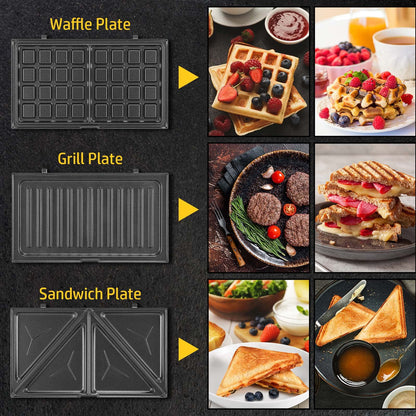 OSTBA 3-in-1 Sandwich Maker with Removable Plates, Panini Press, Waffle Maker, Non-Stick, 750W Compact Breakfast Grill for Sandwiches, Waffles, Steak, Black
