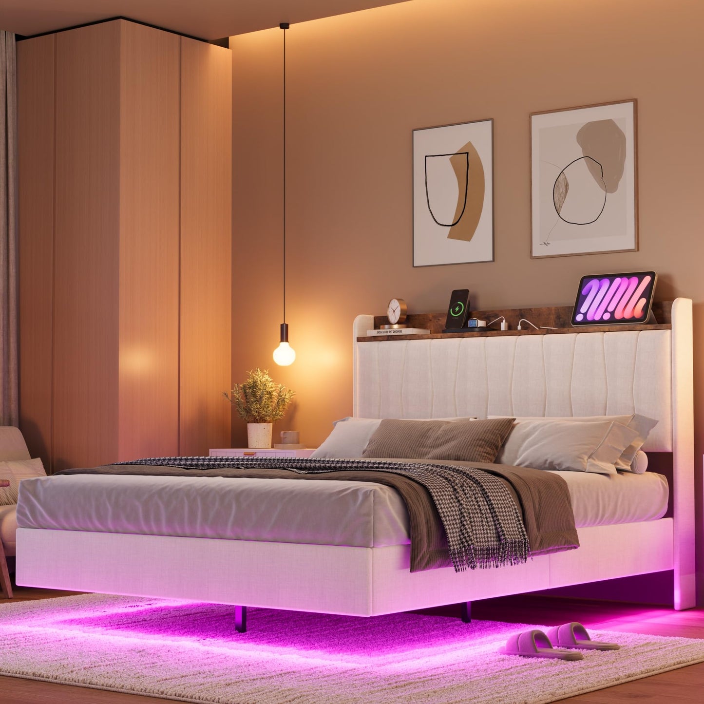 IDEALHOUSE King Floating Bed Frame with LED Lights & Charging Station, Upholstered Platform Bed with Storage Headboard, Wood Slats Support, No Box Spring Needed, Easy to Assemble, White