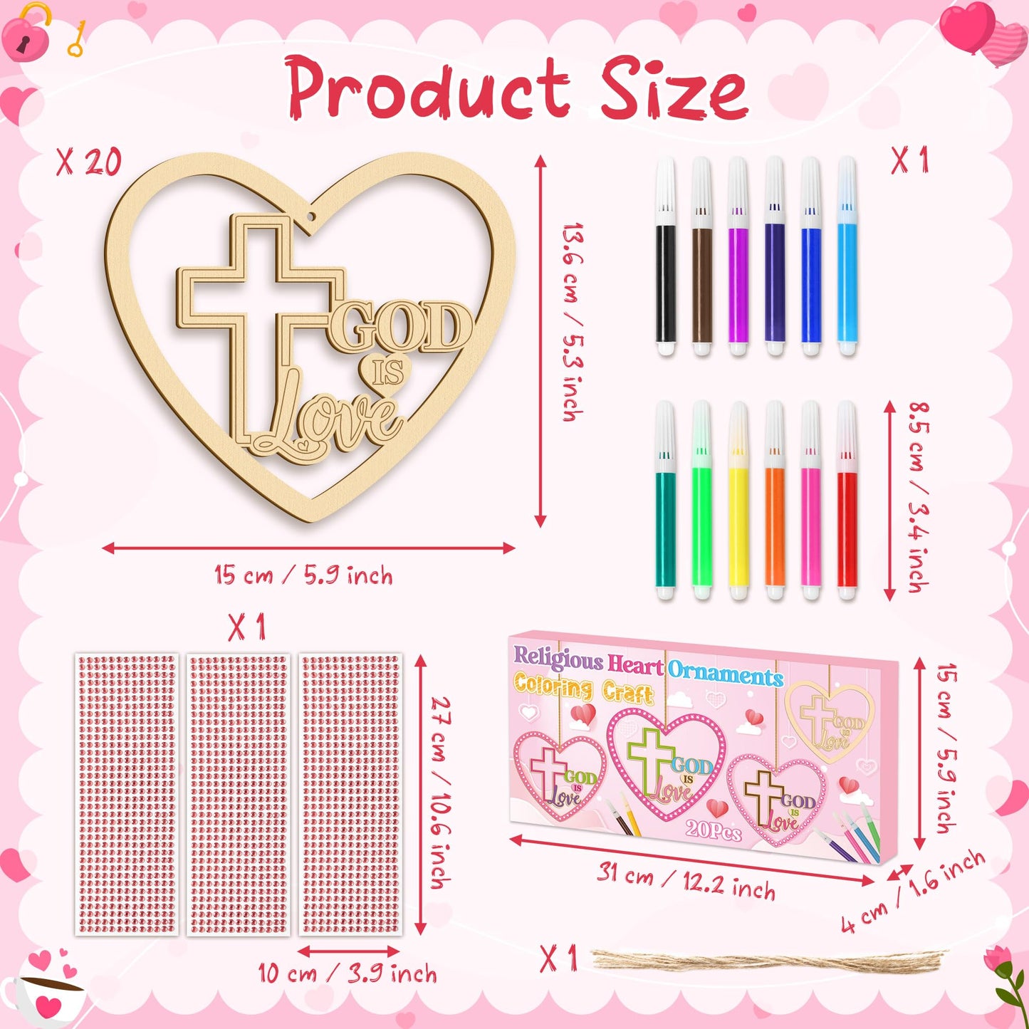 BeYumi Valentines Wooden Ornament Craft - 20Pcs Valentine's Day DIY Wooden GOD is Love Ornaments Craft Kit for Kids Make Your Own Religious Cross Decor with Gem Stickers Church School Party Supplies