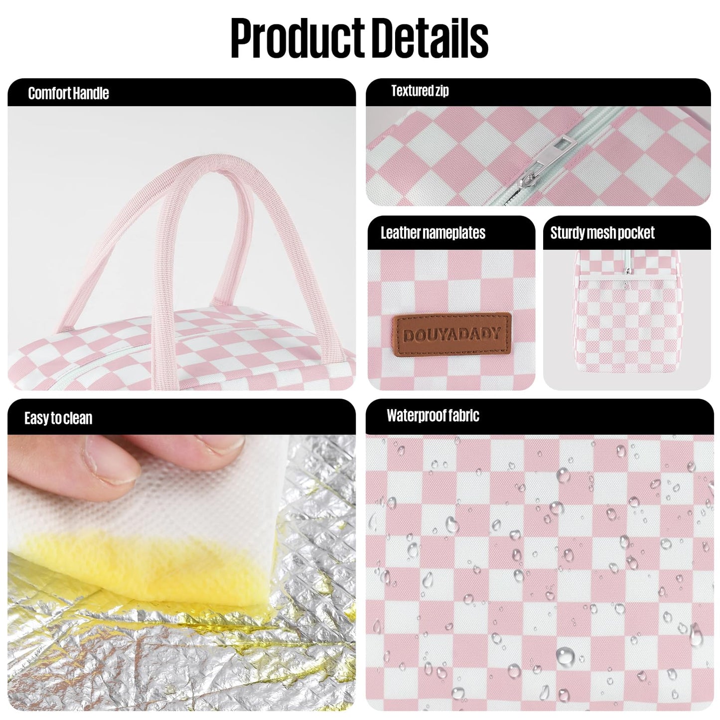 douyadady Lunch Bag Women/Men Lunch Box Women/Men (Pink+White Checkerboard)