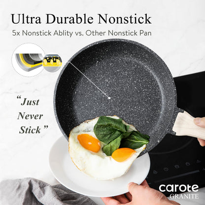 CAROTE Non Stick Frying Pan Skillet, 8" Nonstick Fry Pan with Glass Lid, Egg Pan Omelet Pans, Granite Cookware, PFOA Free (Classic Granite, 8-Inch)