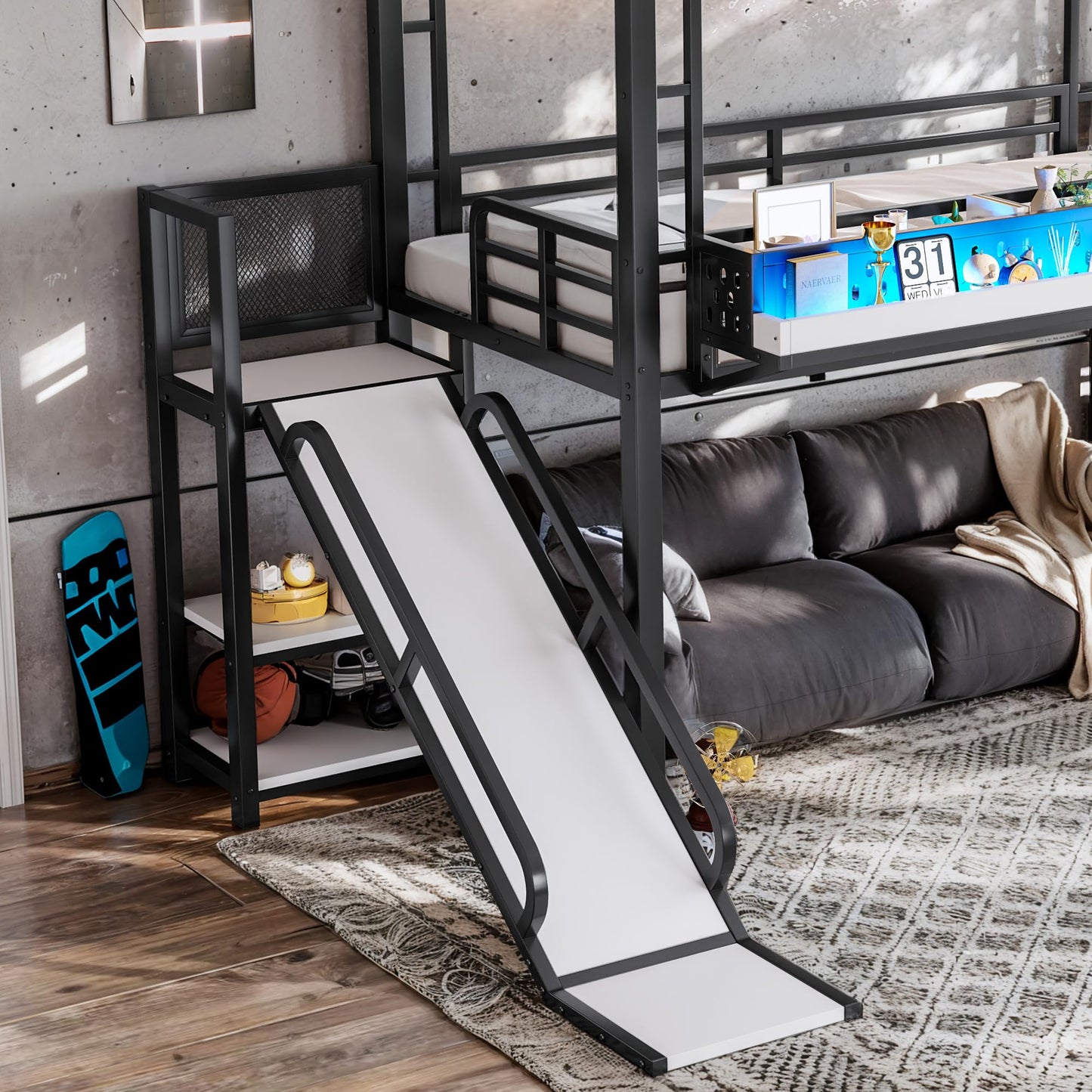 Bellemave Twin Size Metal House Loft Bed with Slide and Stairs,Heavy Duty Playhouse Loft Bed Frame with Shelves,LED Lights and Charging Station for Kids,Teens,Adults,Black