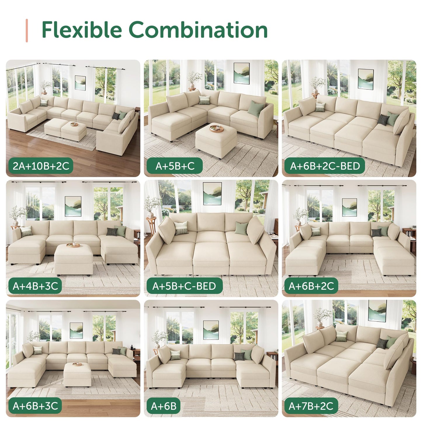 HONBAY Modular Sectional Sofa Couch with Storage, Modern U Shaped Sectional Sofa, Convertible Sectional Couch for Living Room - Beige