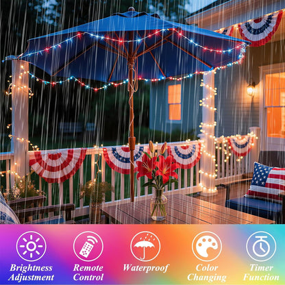 200 66 35 4th Lovelite LED Fairy Lights Color Changing, FT Colors of July Fairy Lights with Remote, Red White and Blue