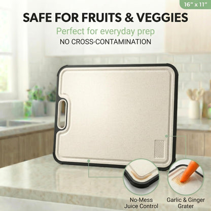 Titanium Cutting Board for Kitchen – Non Toxic & Hygienic, Reversible 2-in-1, Durable Metal Surface, Easy to Clean, Dual Surface with PP Wheat Fiber Side, Juice Groove, 16"x11"