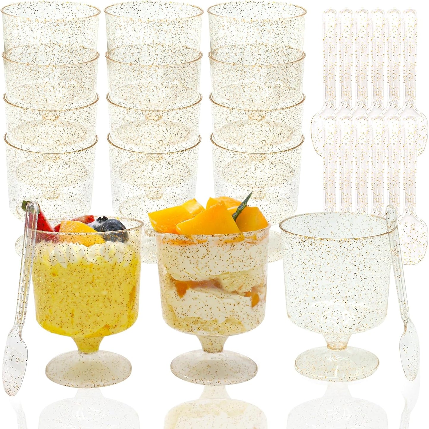 120 Pack 60 Pack Plastic Dessert Cups with Spoons Clear Yogurt Parfait Appetier Cup with Gold Glitter for Party
