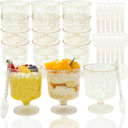 120 Pack 60 Pack Plastic Dessert Cups with Spoons Clear Yogurt Parfait Appetier Cup with Gold Glitter for Party