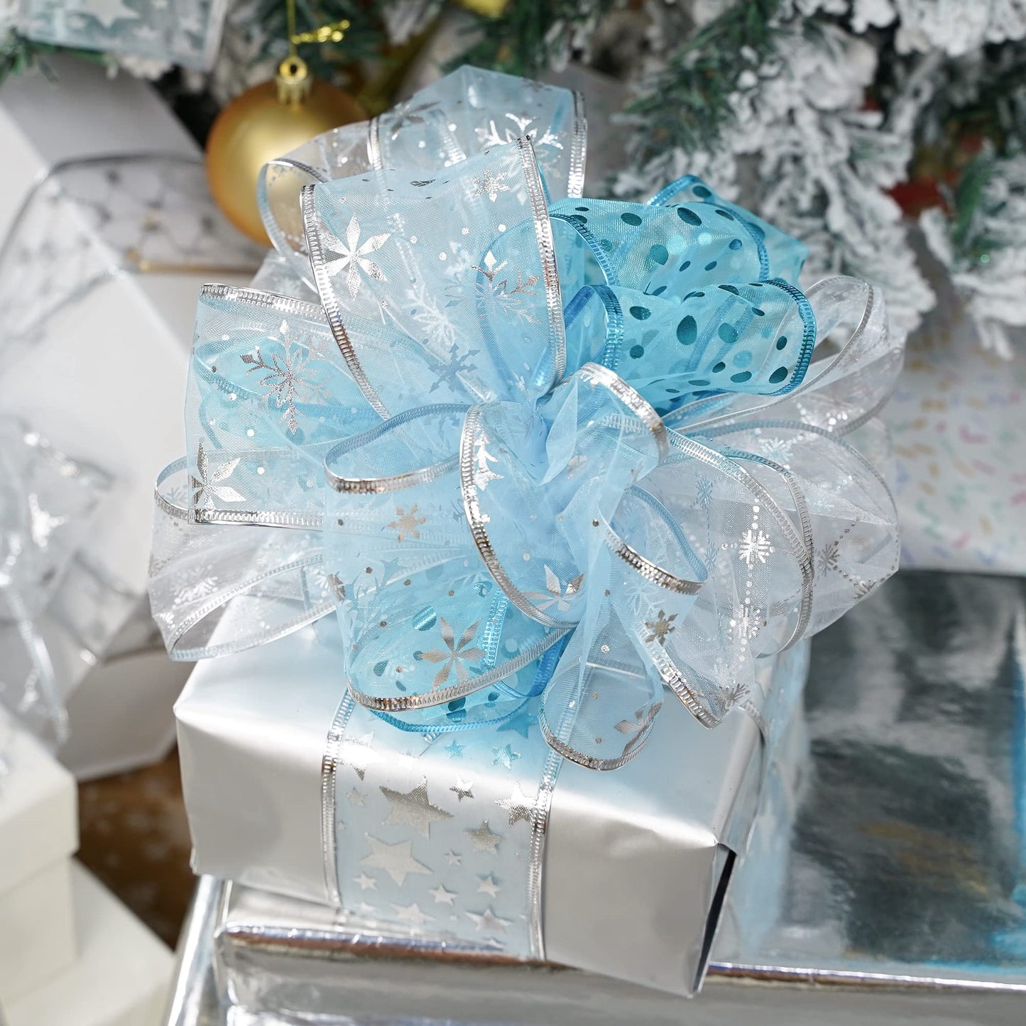 MEEDEE Turquoise Christmas Ribbon - 2.5 Inch, 6 Rolls, 36 Yards - Blue & Silver for Christmas Tree