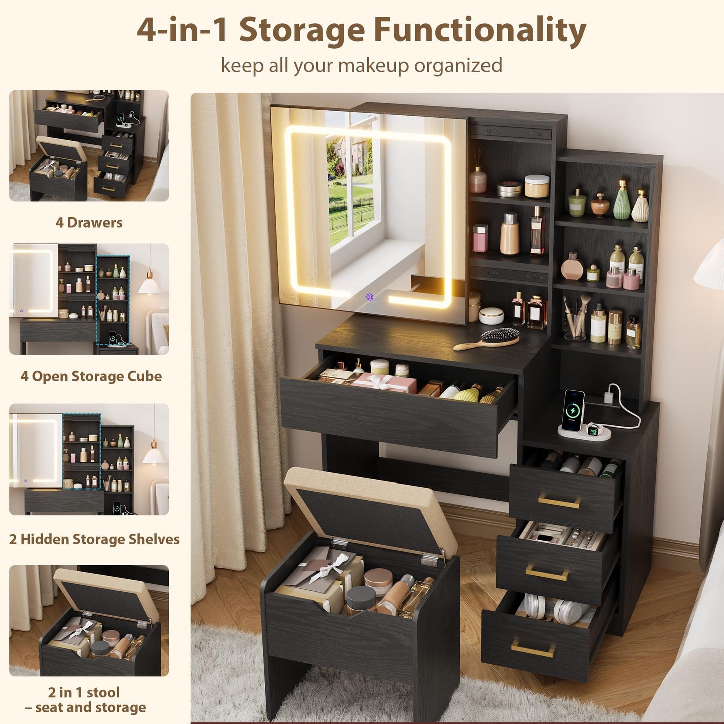 Garvee Makeup Vanity Desk with Sliding Lighted Mirror, Vanity Table with 3-Color Dimmable LED, Cushioned Stool & Power Outlet, 4 Drawers Makeup Table for Bedroom, Black