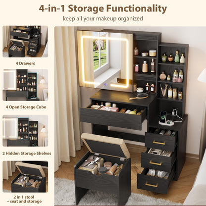 Garvee Makeup Vanity Desk with Sliding Lighted Mirror, Vanity Table with 3-Color Dimmable LED, Cushioned Stool & Power Outlet, 4 Drawers Makeup Table for Bedroom, Black