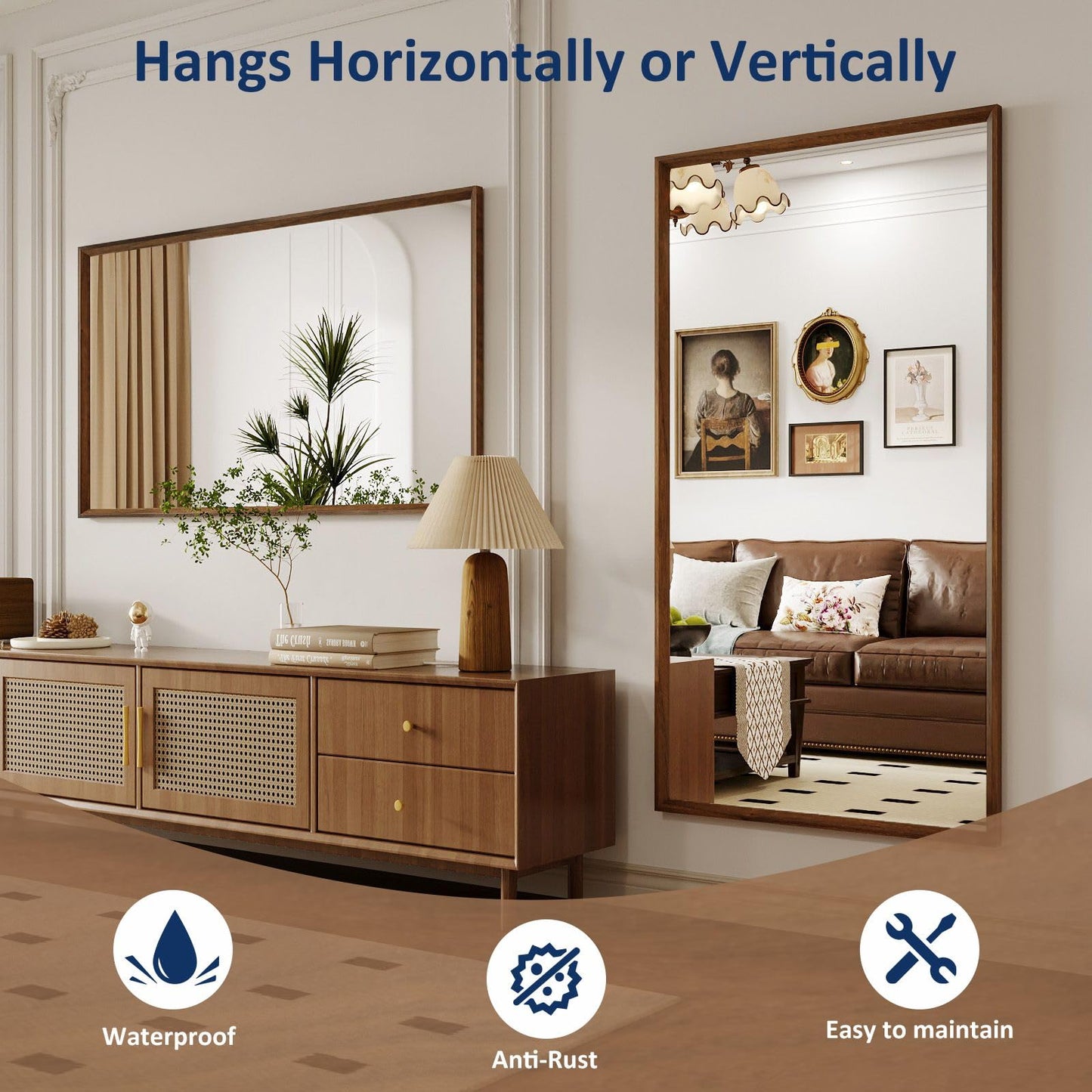 WEER Walnut Framed Mirror for Bathroom, 55x30 Inch Wall Mounted Mirror, Wood Grain Framed Vanity Mirror, Farmhouse Bathroom Mirror, Tempered Glass, Vertically or Horizontally, Anti-Rust