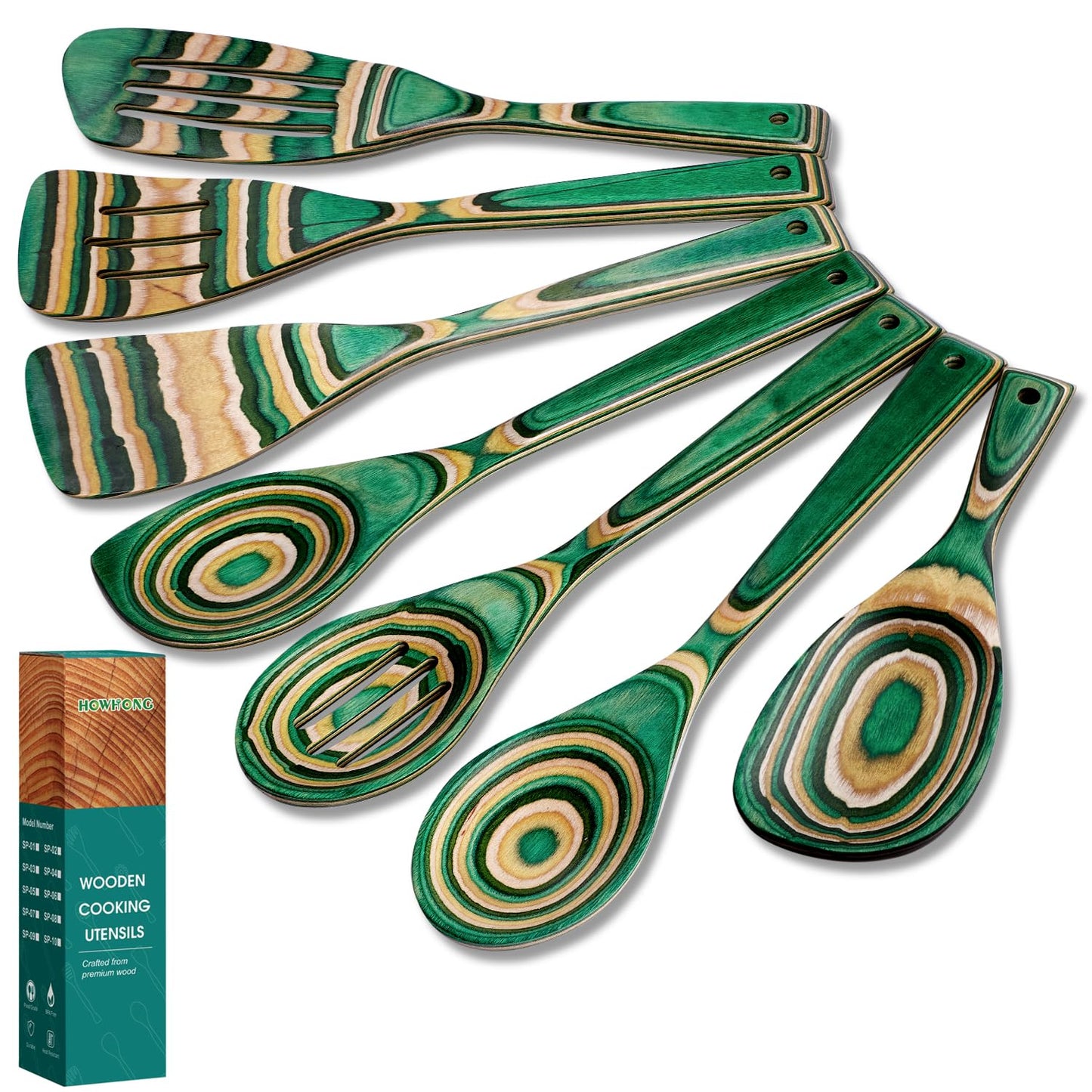 HOWHONG Wooden Spoons for Cooking, Pakkawood Kitchen Utensil Set Oasis Color, Premium Durable Wooden Utensils for Nonstick Cookware, Heat Resistant, Smooth Finish, Comfortable Grip, 7 Piece