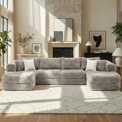 Merax 135.4 Inch Modular Sectional Sofa with 2 Movable Ottomans, Bubble Velvet U-Shape Convertible Couch for Living Room, Reversible Chaise, Includes 4 Throw Pillows, Grey