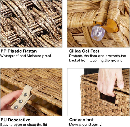 GREENSTELL 60L Laundry Hamper with Lid, Handwoven Synthetic Rattan Laundry Basket with 2 Removable Liner Bags & 2 Mesh