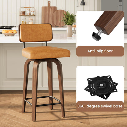 IDEALHOUSE Swivel Bar Stools Set of 4, 26" Upholstered Counter Height Bar Stools with Back and Walnut Wood Legs, Larger Cushion Size 18.3"*17.5", Faux Leather Barstools for Kitchen Counter, Brown