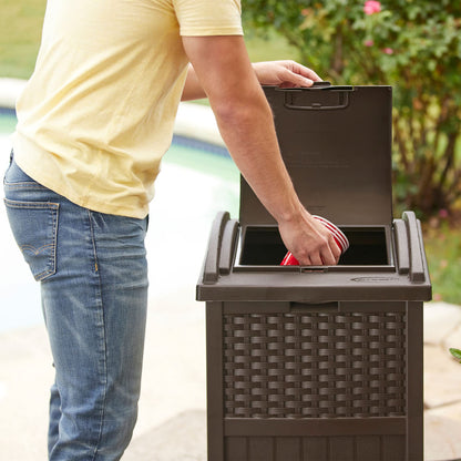 Suncast 33 Gallon Commercial Outdoor Trashcan Hideaway with Lid for 30 to 33 Gallon Trash Bags for Garage, Backyard, or Garden, Brown