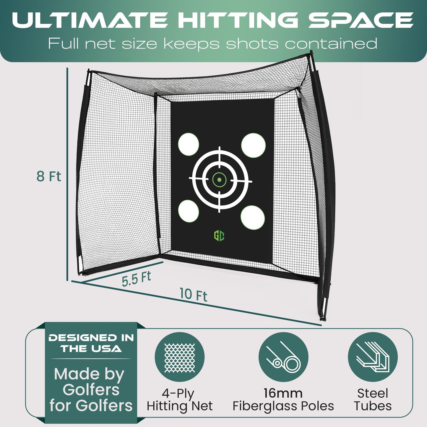 Heavy-Duty Golf Hitting Net 10x8x5.5 FT- Golf Practice Net with Silent Target Tarp, 4-Ply Net, Mat & Tee, Steel Tubes, Poles & Carry Bag - Golf Nets for Backyard, Indoor, Outdoor & Garage