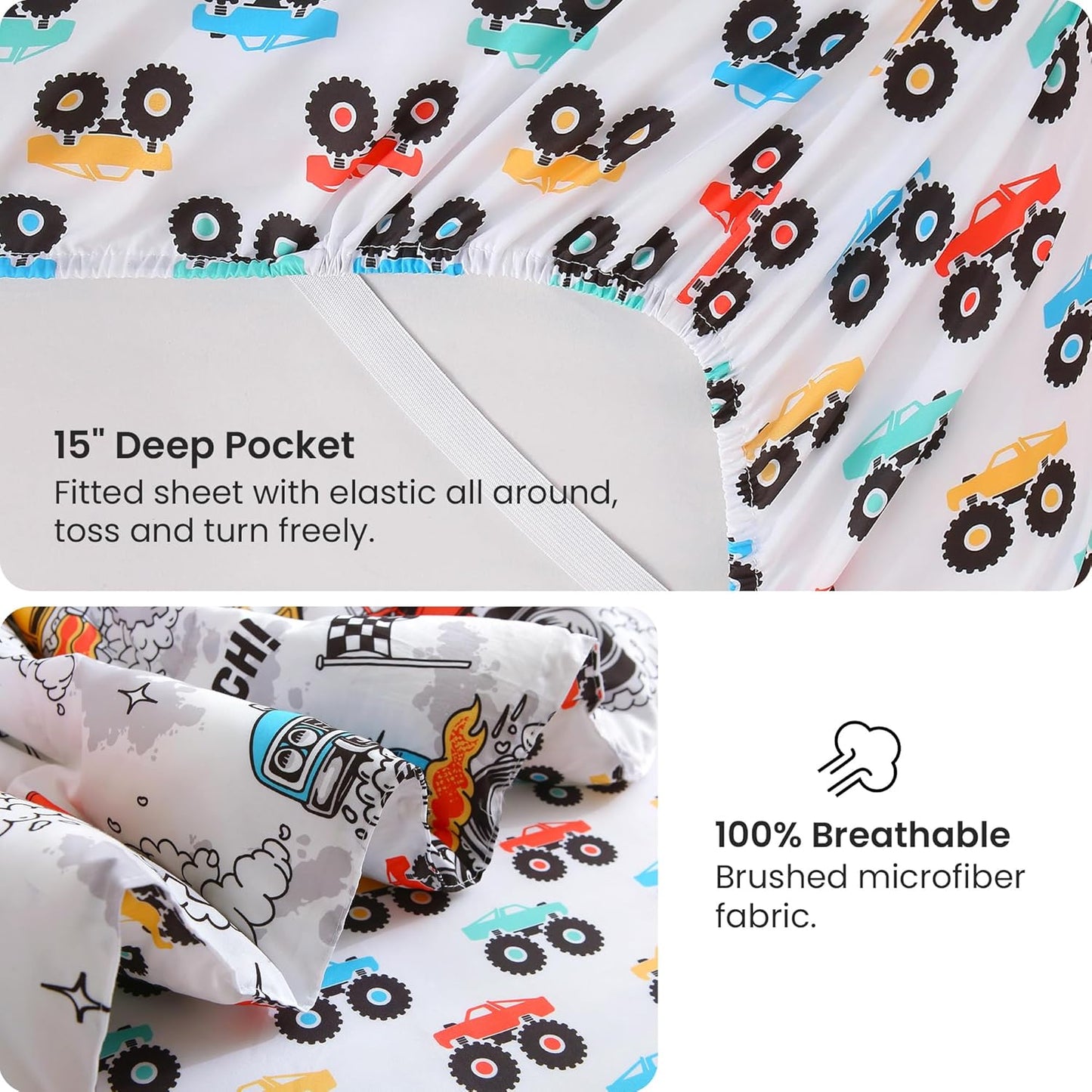 Sets 6 Set Set Mooreeke Twin Size Comforter for Boys Kids, Pieces Bed in a Bag Monster Truck Bedding Comforter Sheet