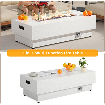 IRONCK 50-Inch Outdoor Propane Fire Pit Table w Tank Table, CSA Certified, Rectangular Patio Fire Pit w Glass Rocks, Wind Guard and Cover, 58000 BTU 2 in 1 Outdoor Heater for Deck Garden, White