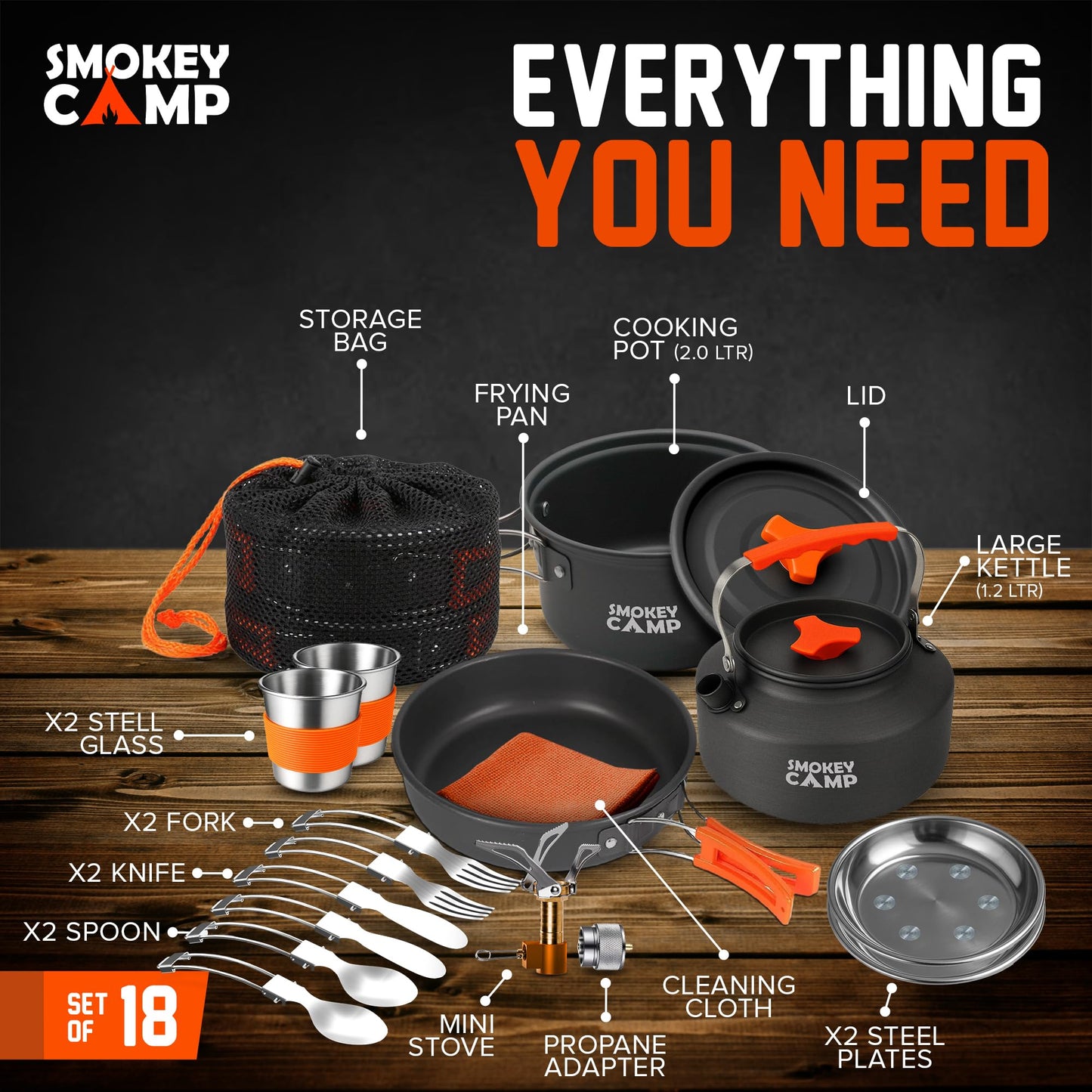 18 Pcs Smokey Camp Backpacking Cooking Set with Stove & Adapter - Pot, Pan, Kettle, Stove, Cutlery, Compact Camping Cookware Mess Kit, All in One Non-Stick Camping Cooking Set, Hiking, Picnic