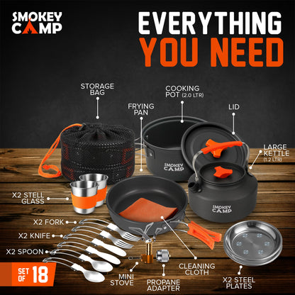 18 Pcs Smokey Camp Backpacking Cooking Set with Stove & Adapter - Pot, Pan, Kettle, Stove, Cutlery, Compact Camping Cookware Mess Kit, All in One Non-Stick Camping Cooking Set, Hiking, Picnic