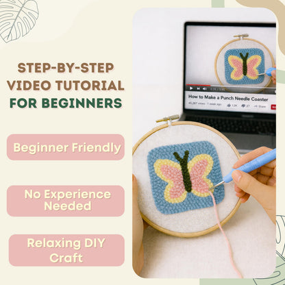 Kukovaya Punch Needle Kit for Beginners & Adults – Complete DIY Embroidery 6-Coaster Kit with Printed Fabric, Yarn, Needle, Hoop & Guide – Easy Craft Kit for Home Décor, Gifts & Stress Relief