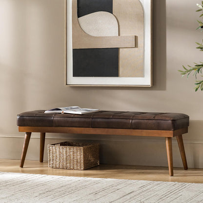 HULALA HOME 55.5" Genuine Leather Bench, Button-Tufted Entryway Bench with Solid Wood Legs, Upholstered End of Bed Bench for Bedroom, Chocolate