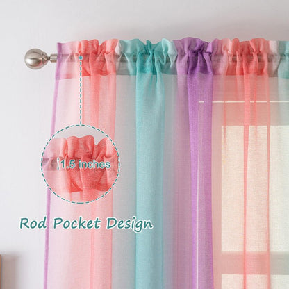 Yancorp Sheer Curtain 2 Panels Semi Bedroom Curtains 63 inches Length Linen Ombre Curtains Rod Pocket Drapes Girls Living Room Mermaid Bedroom Nursery Kids Window Decor(Green Pink Purple, 52"x63")