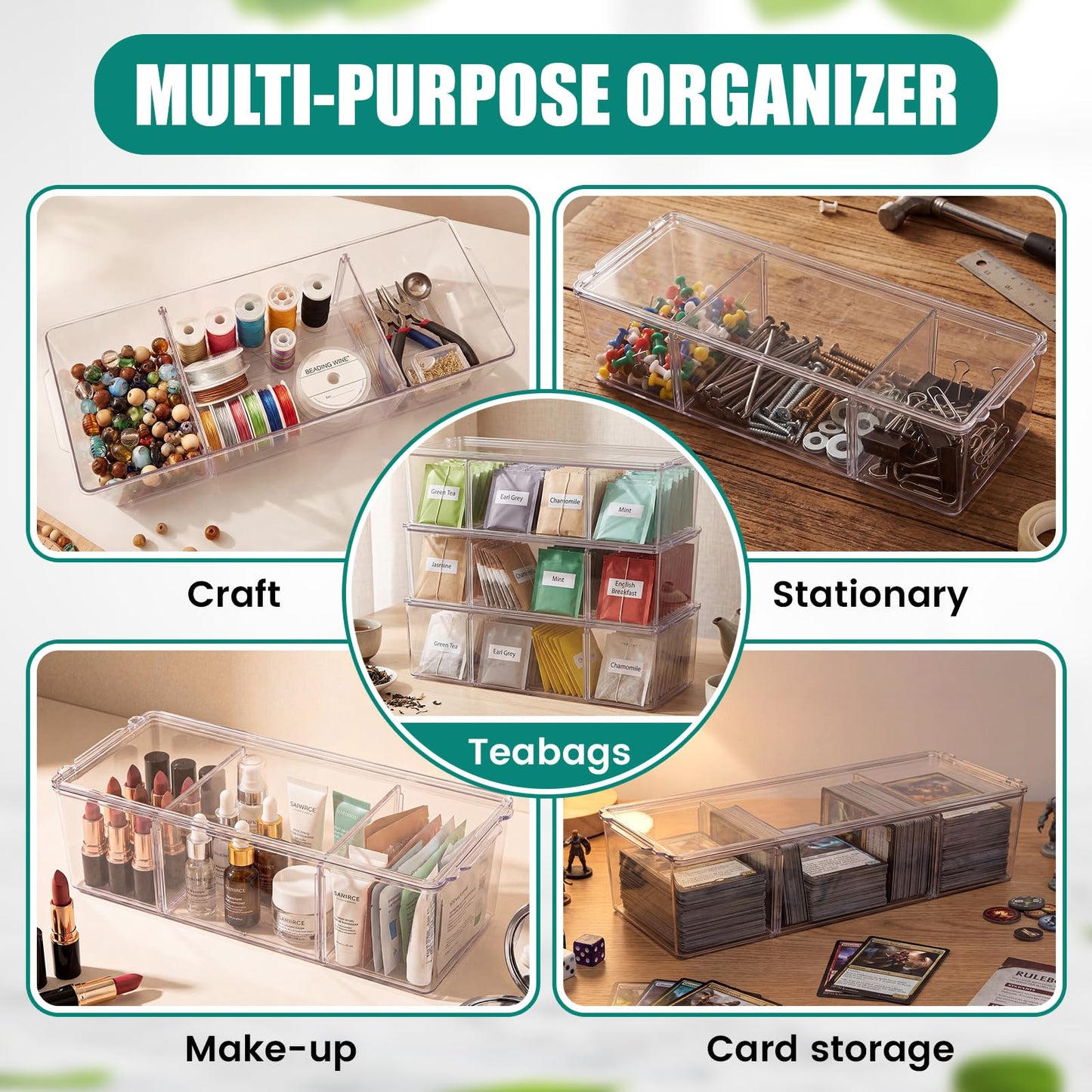 Hoteam 3 Pack Tea Bag Organizer with Lids,Clear Stackable Plastic Tea Bag Storage Organizer for Cabinet Counter Countertop Pantry, Sweeteners (Flip Top,3 Grids)