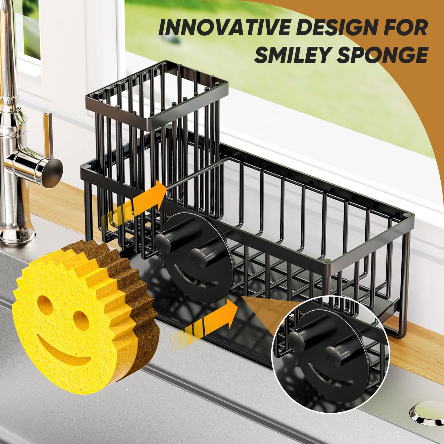 Taugast Sponge Holder for Kitchen Sink,Smiley Face Sink Caddy with Removable Brush Holder,Self-Draining Sponge Caddy for Sponge,Soap,Dish Brush,Scrubber,Kitchen Essentials and Gadgets