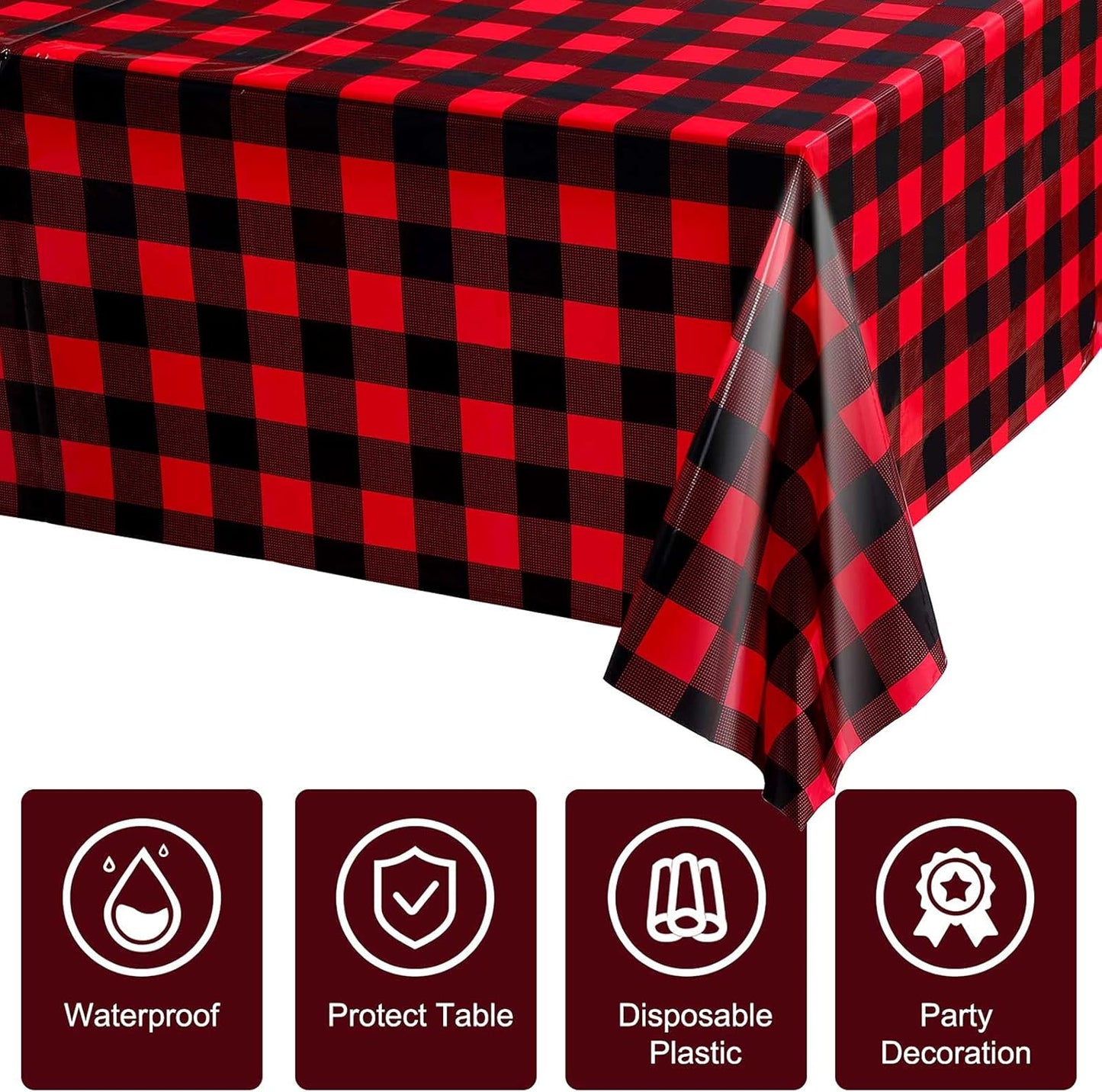 Breling Christmas Buffalo Plaid Table Cover, Red and Black Lumberjack Checkered Tablecloth, Disposable Tablecloth for